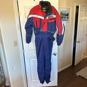 Descente Red and Blue Full-Body Ski Suit